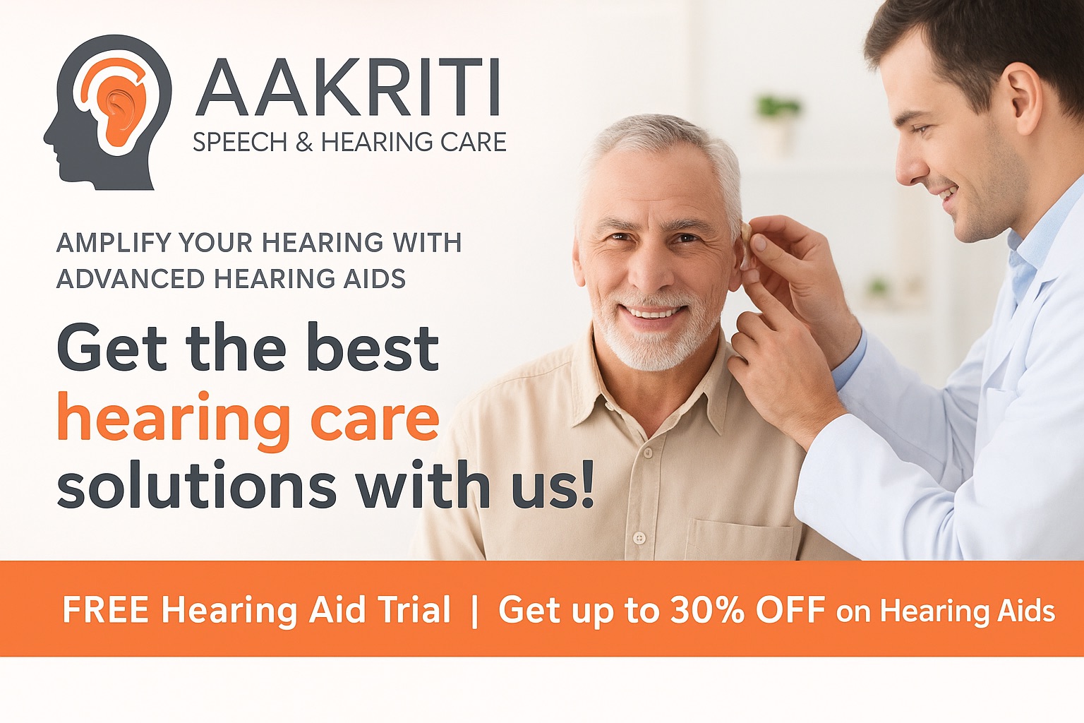 Doctor fitting hearing aid on patient at Aakriti Speech & Hearing Care